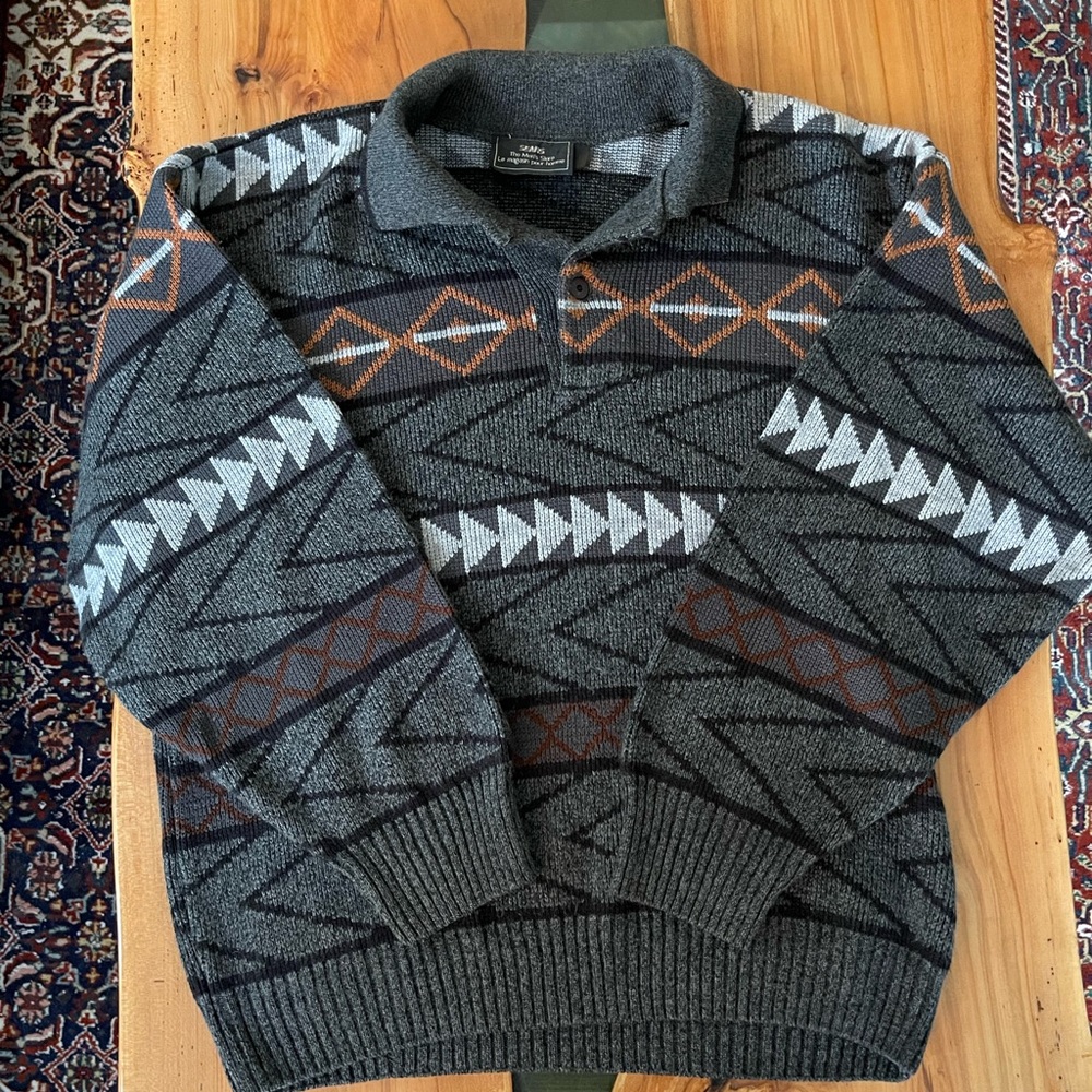 Sears Vintage Men's Crewneck Sweater - Gray, Black, Orange Pattern Large